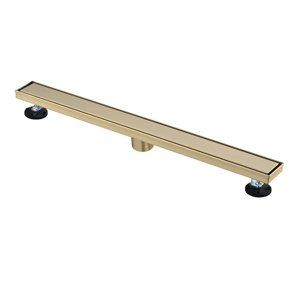 Linear Shower Floor Drain, Brushed Gold 30 Inch 304 Stainless Steel Bathroom Drains Kit, Rectangular Shower Trench Drain with Reversable Tile-in Pattern Drain Cover & Hair Catcher