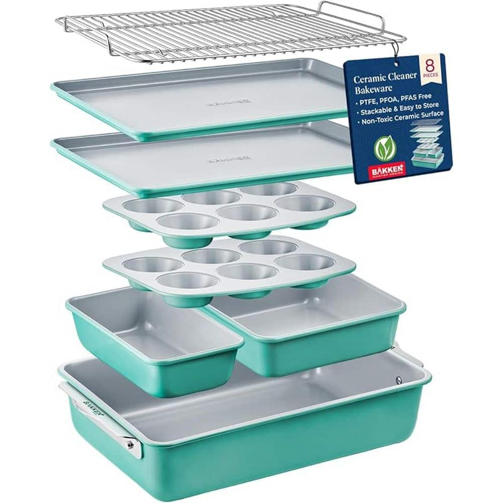 Bakken Swiss 8-Piece Stackable Bakeware Set - Ceramic Non-Stick Coating - TEAL