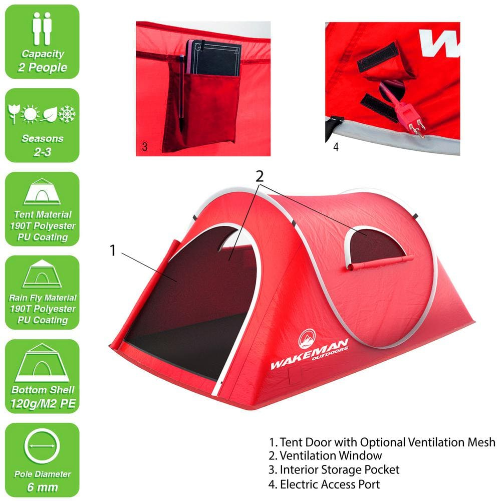 Wakeman Outdoors 2 Person Pop Up Tent with Layered Door and Carry Bag, Red