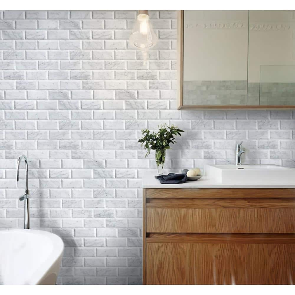 40 pack White 3 in. x 6 in. Beveled Polished Marble Subway Wall and Floor Tile (5 sq. ft./Case)
