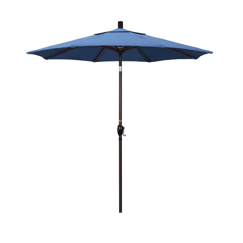 California Umbrella 7.5' Round Aluminum Market Umbrella, Crank Lift, Push Button Tilt, Bronze Pole, Olefin Frost Blue