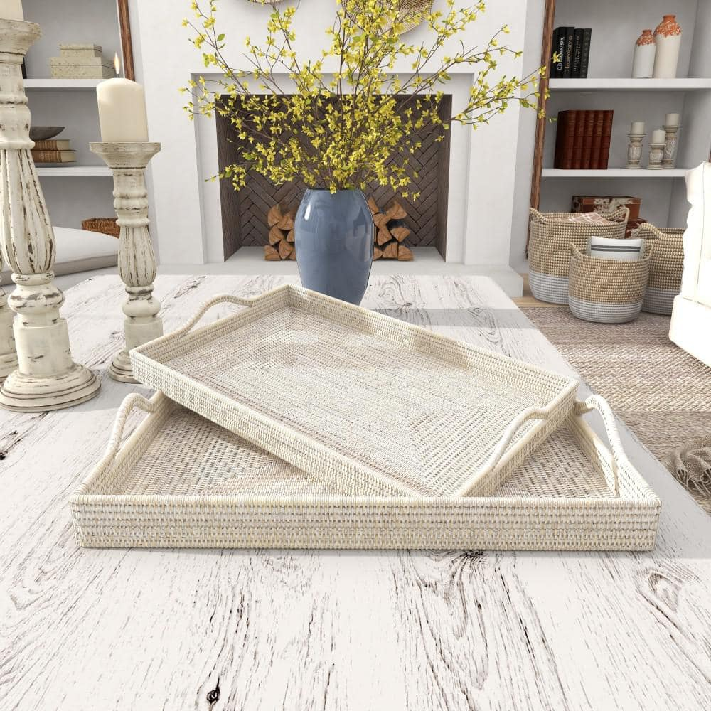 DecMode 26", 23"W Cream Rattan  Tray, 2-Pieces