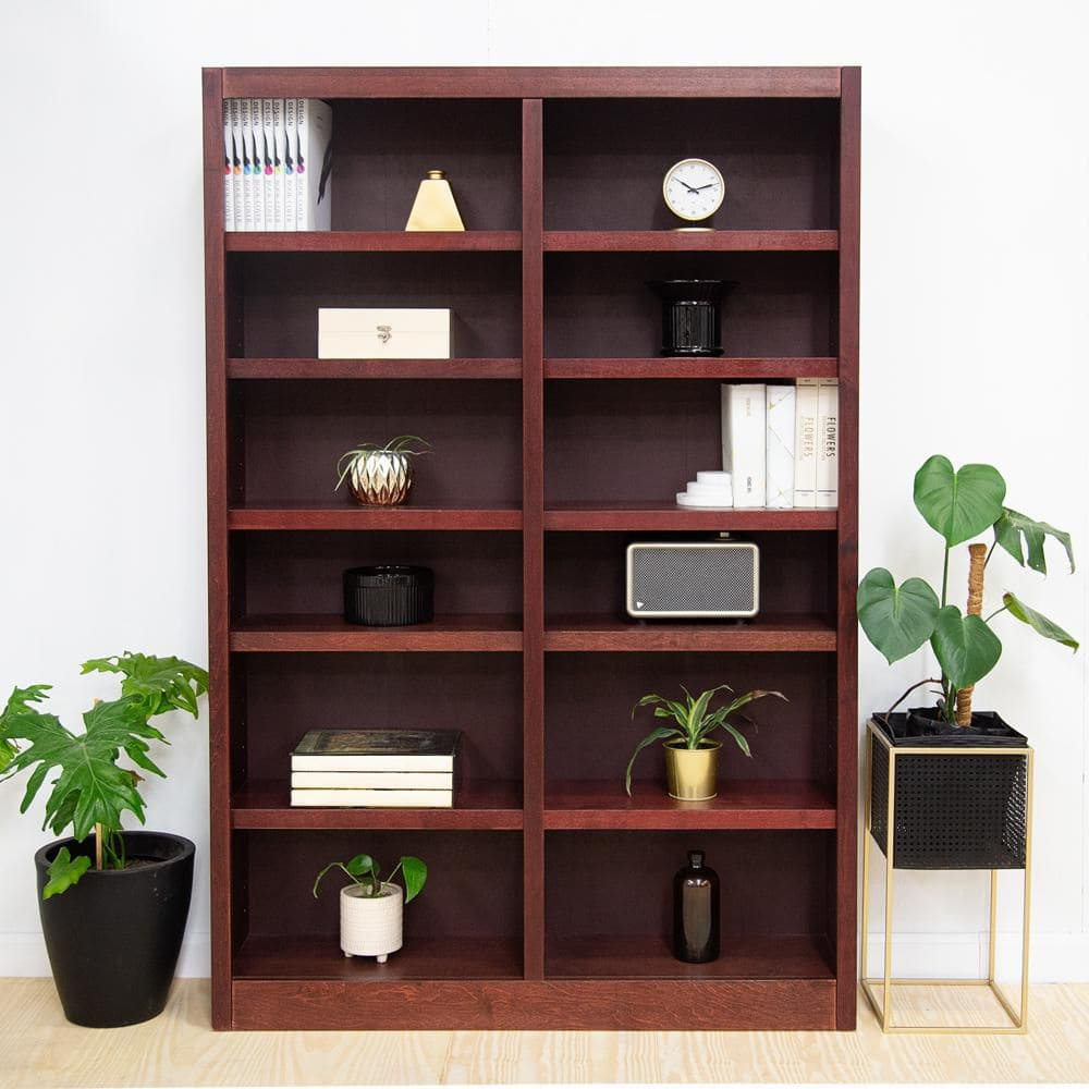 12 Shelf Double Wide Wood Bookcase, 84 inch Tall - Cherry Finish