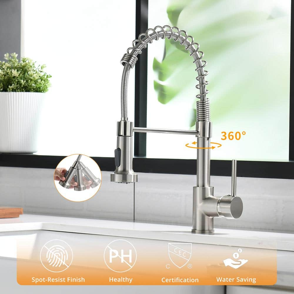 Fapully Brushed Nickel Single Handle Deck-mount Pull-down Kitchen Faucet with Sprayer
