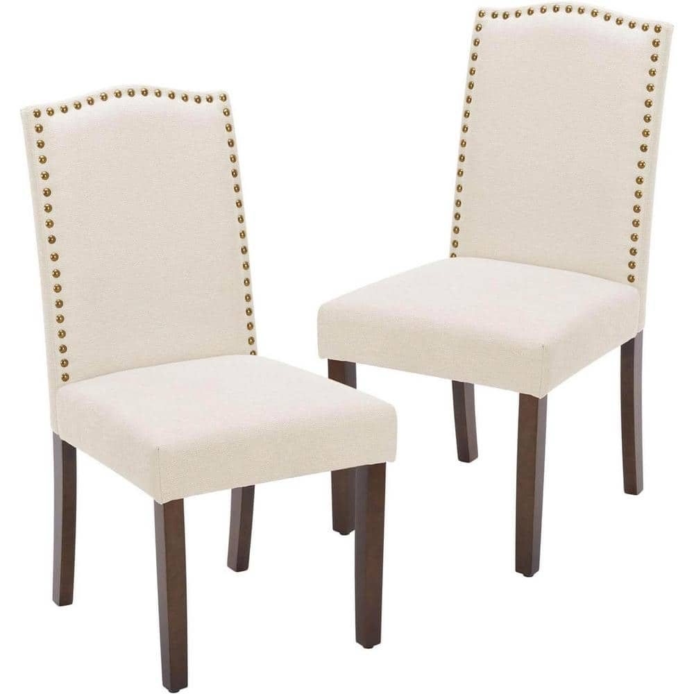 Beige Upholstered Fabric Dining Chairs (Set of 2) with Nailhead Trim and Wood Legs for Living Room Kitchen