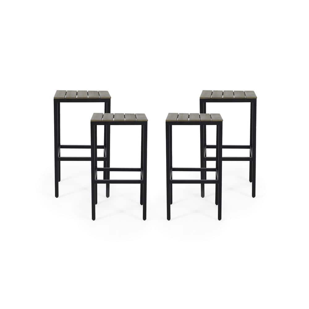Alan Outdoor Modern Industrial Acacia Wood Bar Stools, Set of 4, Gray, Black