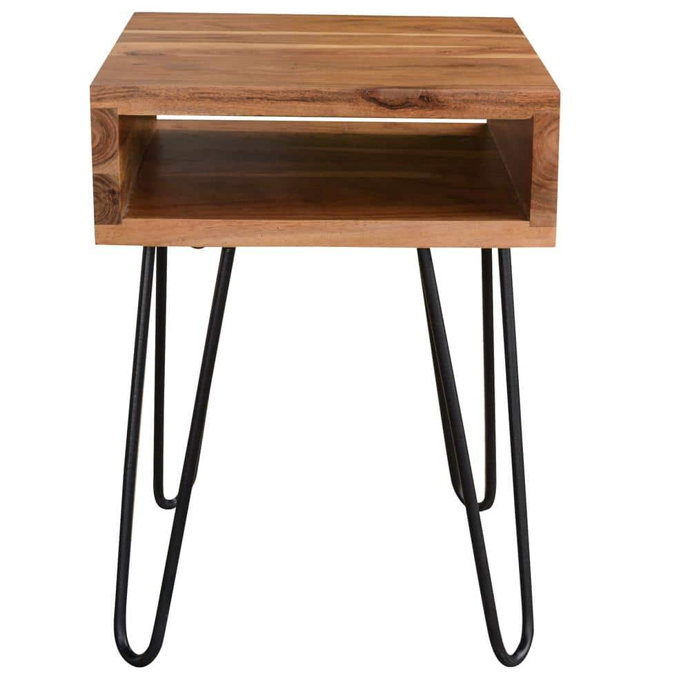 16 in. Brown Acacia Wood End Table with Metal Hairpin Legs