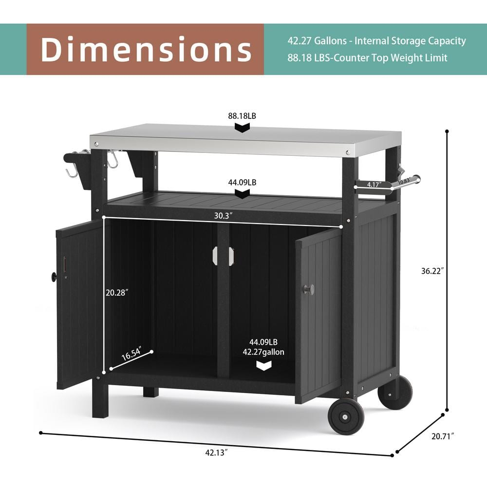 Outdoor Grilling Table with Storage,,Waterproof Outdoor Grill Cabinet,Stainless Steel Tabletop Outdoor Kitchen Island,BBQ Cart with Wheels,Hooks and Side Shelf