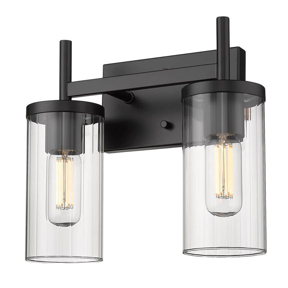 Golden Lighting Winslett 2-Light Vanity Light in Matte Black with Ribbed Clear Glass