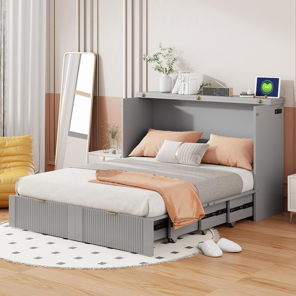 Gray Wood Frame Full Size Murphy Bed with A Spacious Drawer, USB Ports and Sockets, Pulley Structure Design