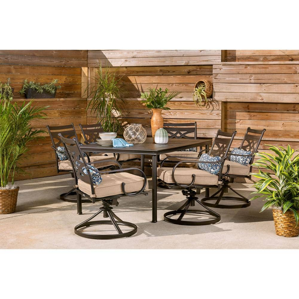 Hanover Montclair 7-Piece Steel Dining Set with 6 Swivel Rockers and Dining Table, Seats 6