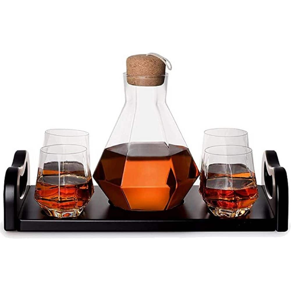 J&V TEXTILES 6-Piece Italian Crafted Glass Decanter & Whisky Glasses Set, Elegant Whiskey Decanter with Ornate Stopper Wooden Base and 4 Exquisite Cocktail Glasses