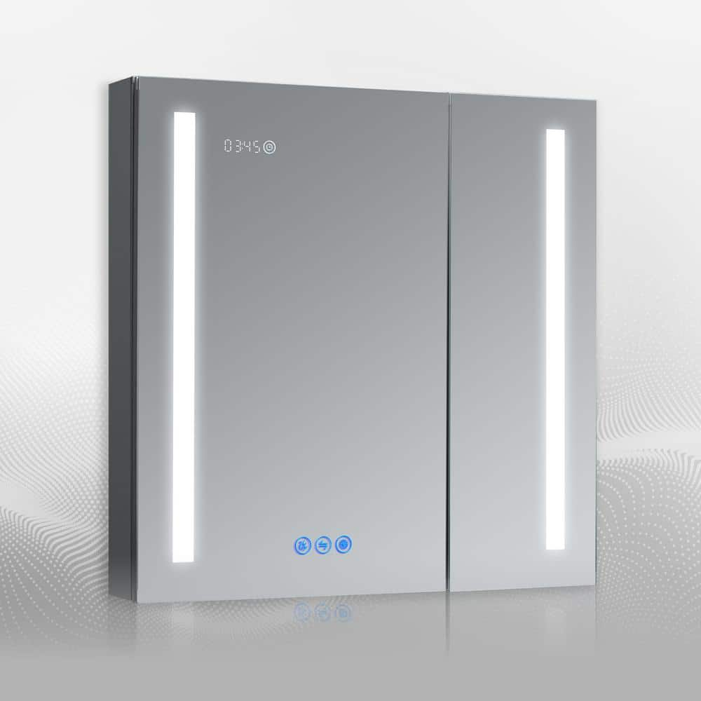 DECADOM LED Mirror Medicine Cabinet Recessed or Surface, Dimmer, Clock, Room Temp Display, Dual Outlets (Duna 36x32)