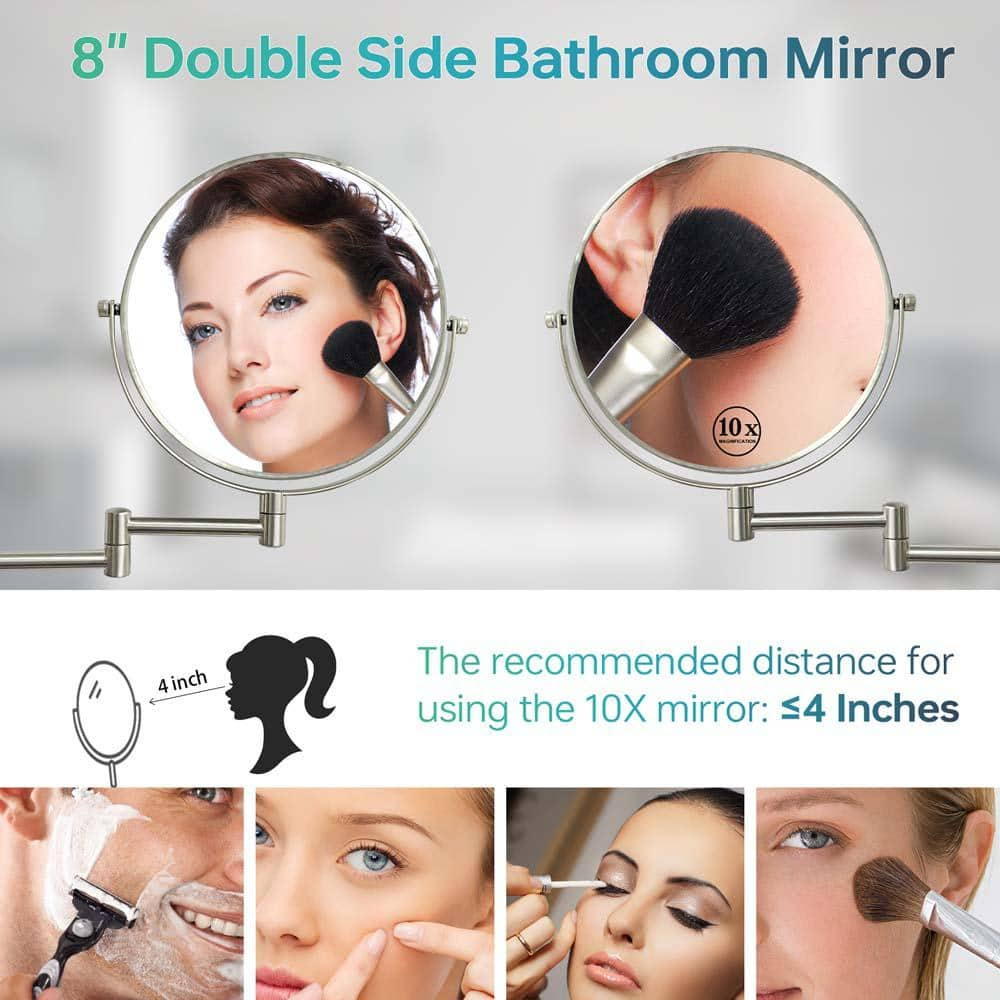 8 Inch Height Adjustable Wall Mounted Makeup Mirror 1X/10X Magnifying Double-Sided with 360° Swivel Arm Brushed Nickel for Bathroom and Home Use,LM-LS8DCN-SS
