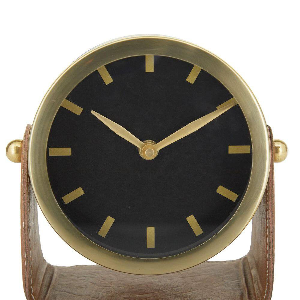 Deco 79 Stainless Steel Metal Clock with Leather Stand, 6" x 3" x 6", Gold