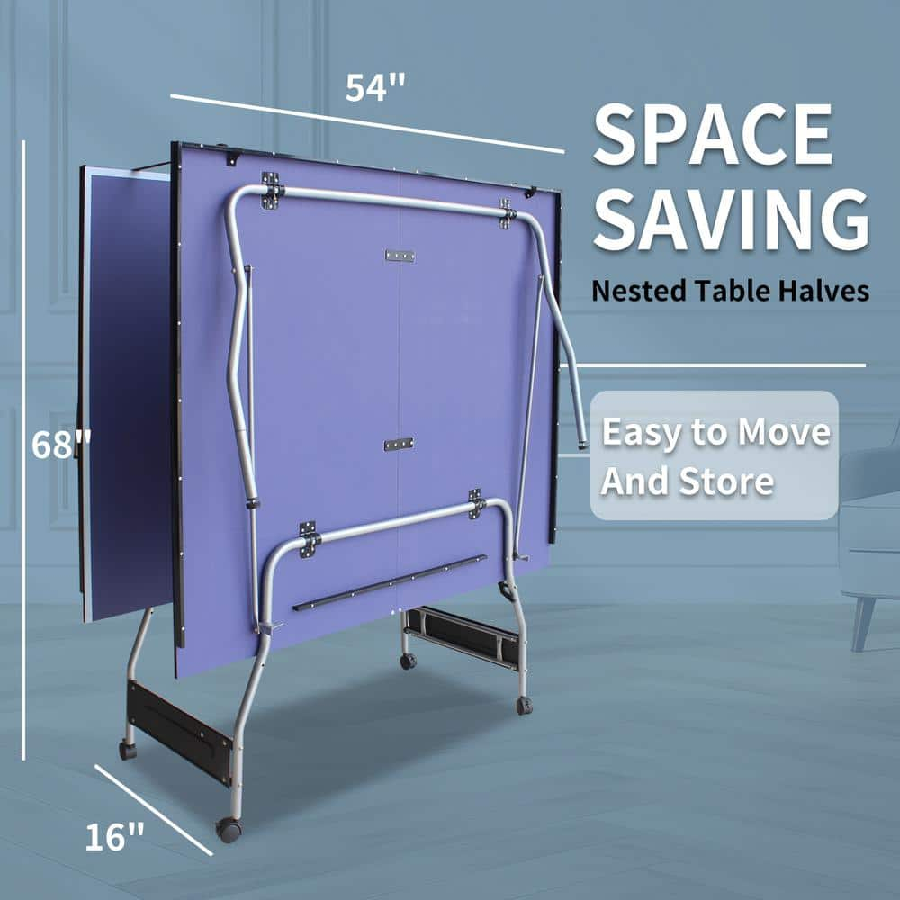 8 ft Blue Foldable Outdoor Table Tennis Set with Net and Paddles