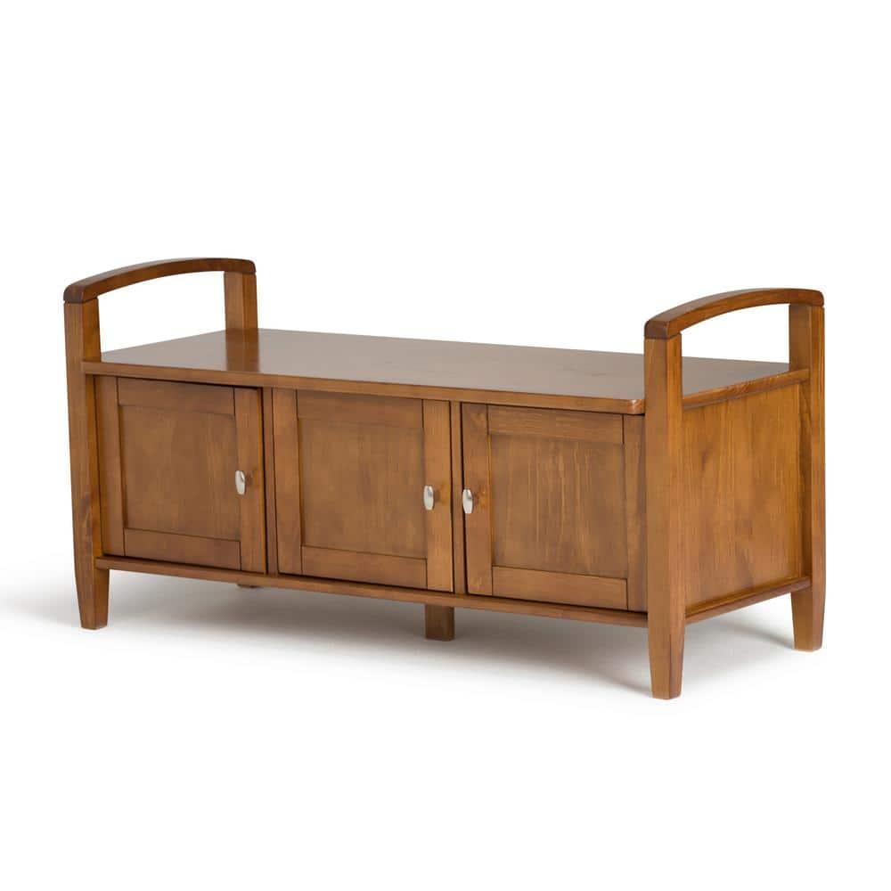 Simpli Home Warm Shaker Wood 44" Transitional Entryway Bench in Light Golden Brown