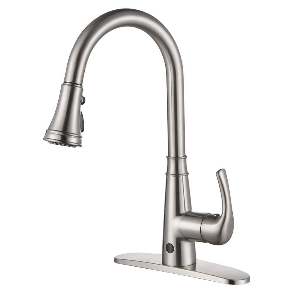 Touchless Gooseneck Single Handle Pull Down Sprayer Kitchen Faucet with Deckplate Pull Out Sink Faucet in Brushed Nickel