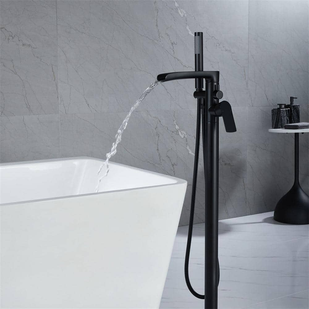 Free Standing Tub Faucet Brass Oil Rubbed Bronze Waterfall Freestanding Bathtub Faucet Floor Mount Tub Filler with Handheld Sprayer