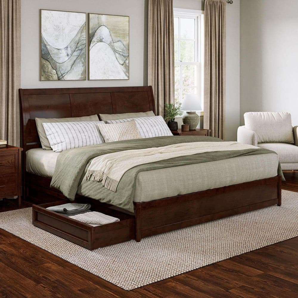 AFI, Andorra King Platform Bed with Panel Footboard and Storage Drawers, Walnut