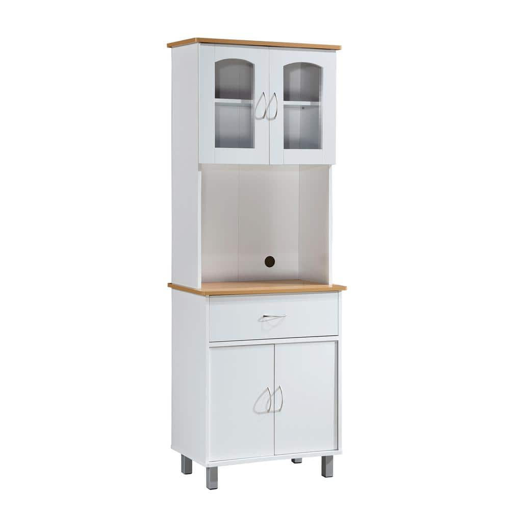 HODEDAH IMPORT Long Standing Kitchen Cabinet with Top & Bottom Enclosed Cabinet Space, One Drawer, Large Open Space for Microwave, White