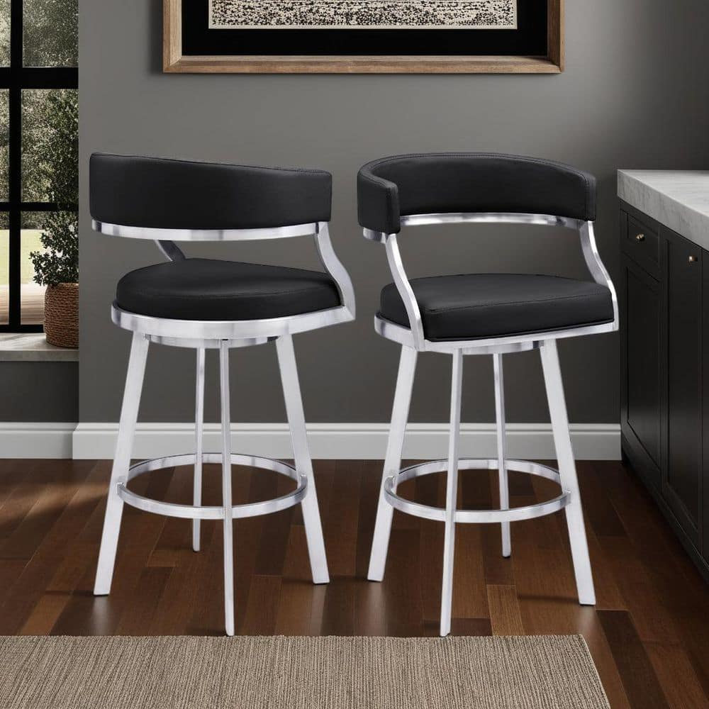 Dione 30" Seat Height Swivel Black Faux Leather and Brushed Stainless Steel Bar Stool for Kitchen Island Counter