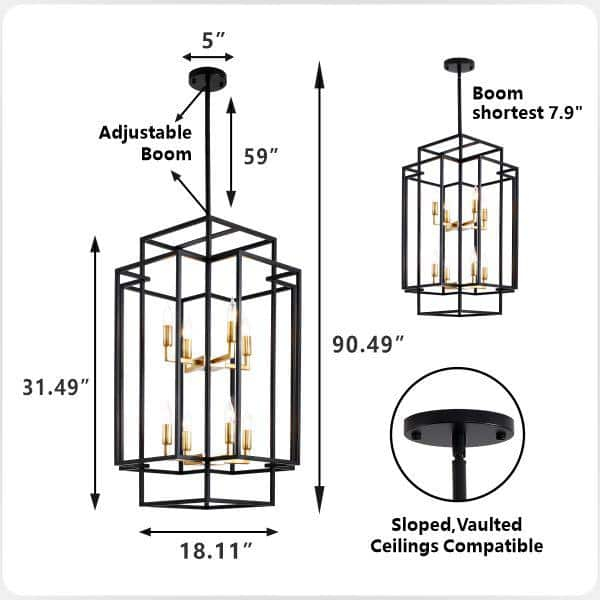 8-Light Lantern Tiered Pendant Light Fixtures, Black Metal Farmhouse Chandelier Hall Foyer Hanging Chandelier for Kitchen Island Dining Room Living Room Foyer Entryway, Black+Gold