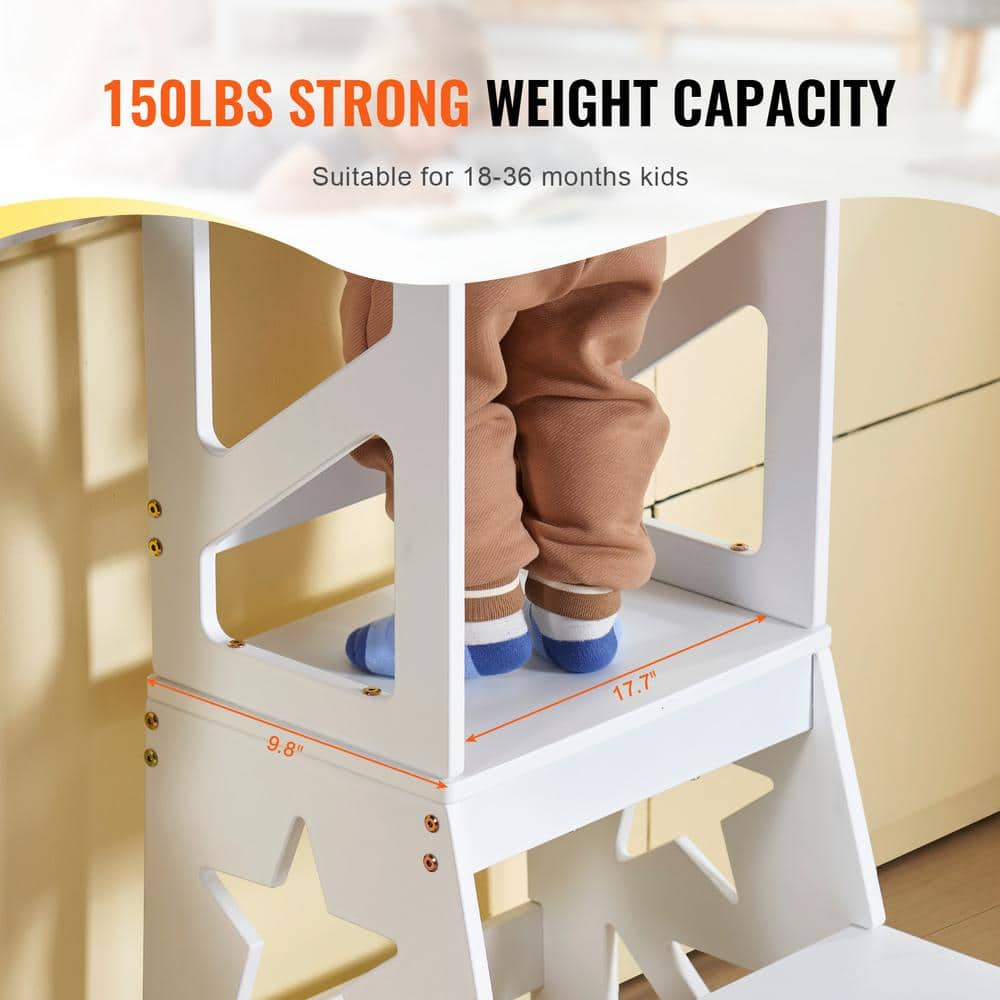 Toddler Step Stool, Natural Pine Wood Kids Kitchen Stool Helper with Safety Rail, Standing Tower Learning Stool for Bedroom Bathroom Kitchen Counter, 150LBS Loading Capacity,
