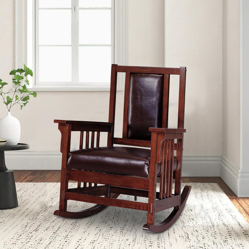 Benjara Mission Style Rocking Chair, Leather Upholstered Seat & Back, Tobacco and Dark Brown