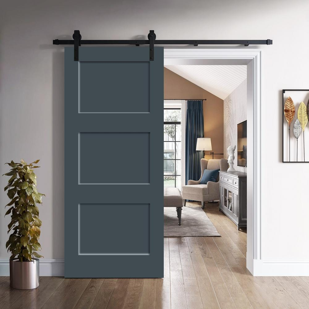 32 in. x 96 in. 3 Panel Shaker Hollow Core Charcoal Gray Painted Composite Interior Sliding Barn Door with Hardware Kit