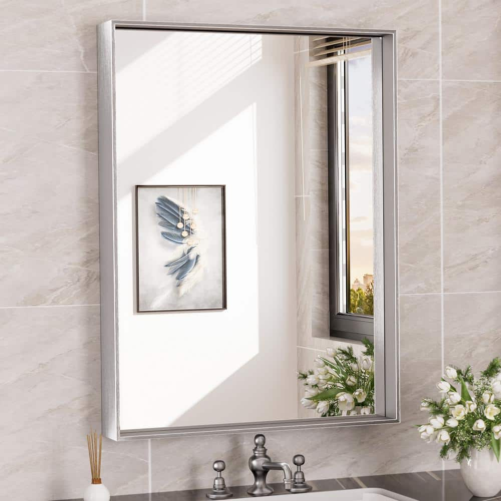 Keonjinn 24 x 32 in Brushed Nickel Bathroom Mirror for Wall, Silver Rectangular Metal Framed Vanity Mirror for Bathroom Sink Square Corner Aluminum Alloy Modern Rectangle Mirror(Horizontal/Vertical)