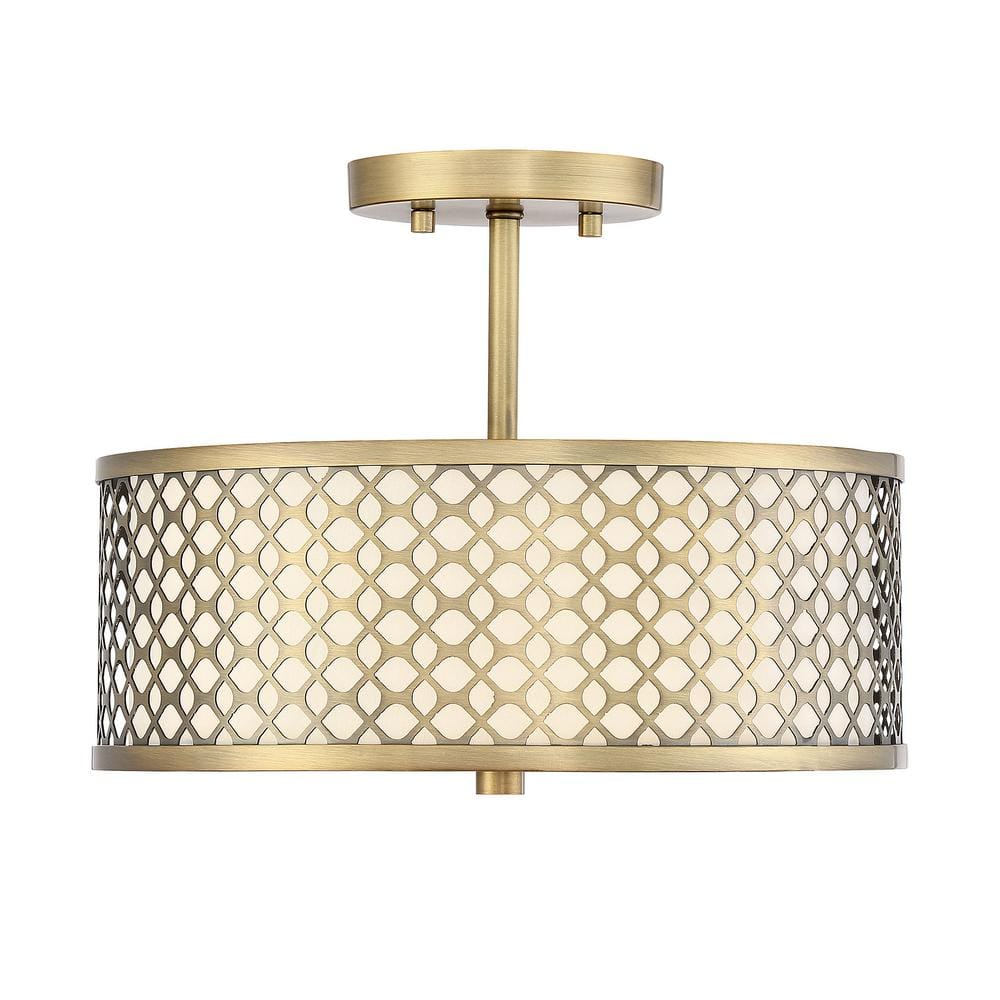 Meridian Elegance 2-Light Natural Brass Ceiling Light with Cream Fabric Shade