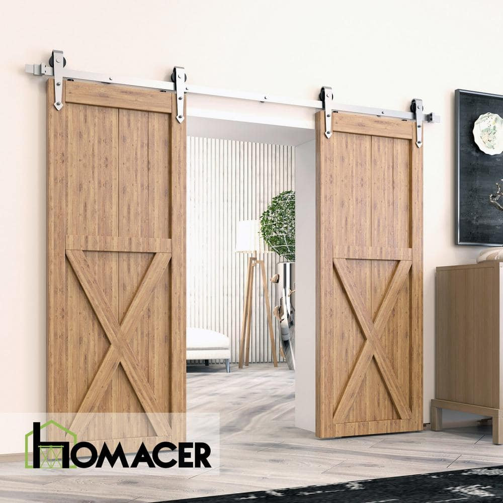 Homacer Brushed Nickel Sliding Barn Door Hardware Kit, for Two/Double Doors, 7ft Long Flat Track, Arrow Design Roller, Heavy Duty, for Interior & Exterior Use