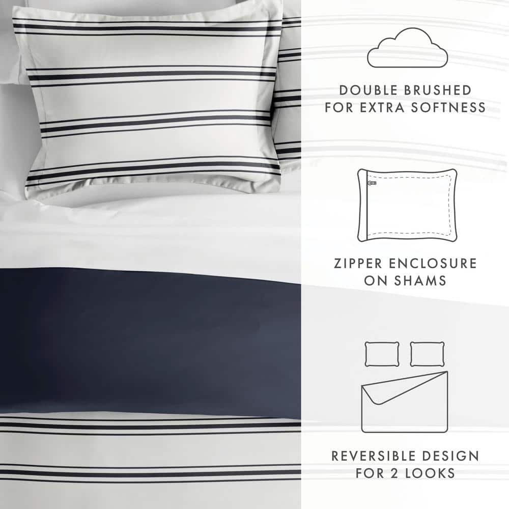 Noble Linens Navy Desert Stripe Reversible 3-Piece Duvet Cover Set, King/Cal King