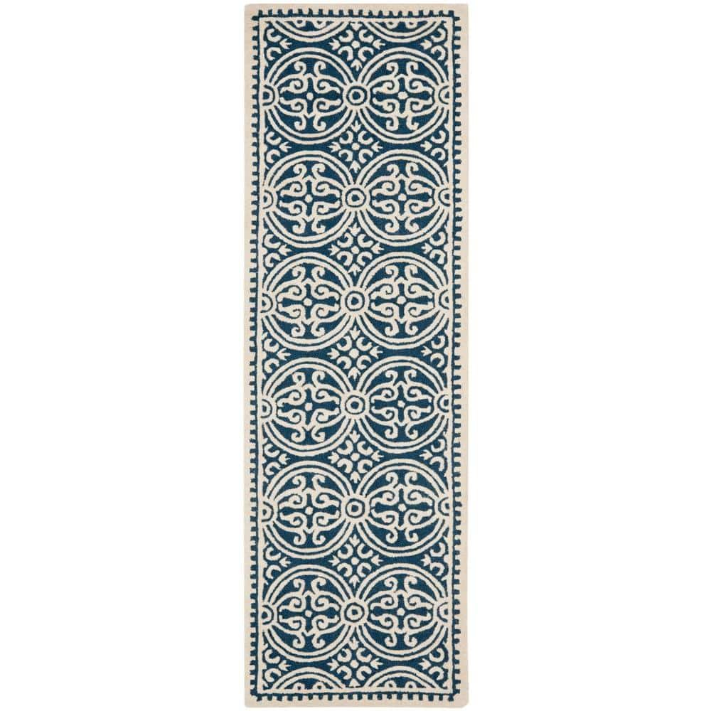 SAFAVIEH Cambridge Leslie Geometric Wool Runner Rug, Navy Blue/Ivory, 2'6" x 18'