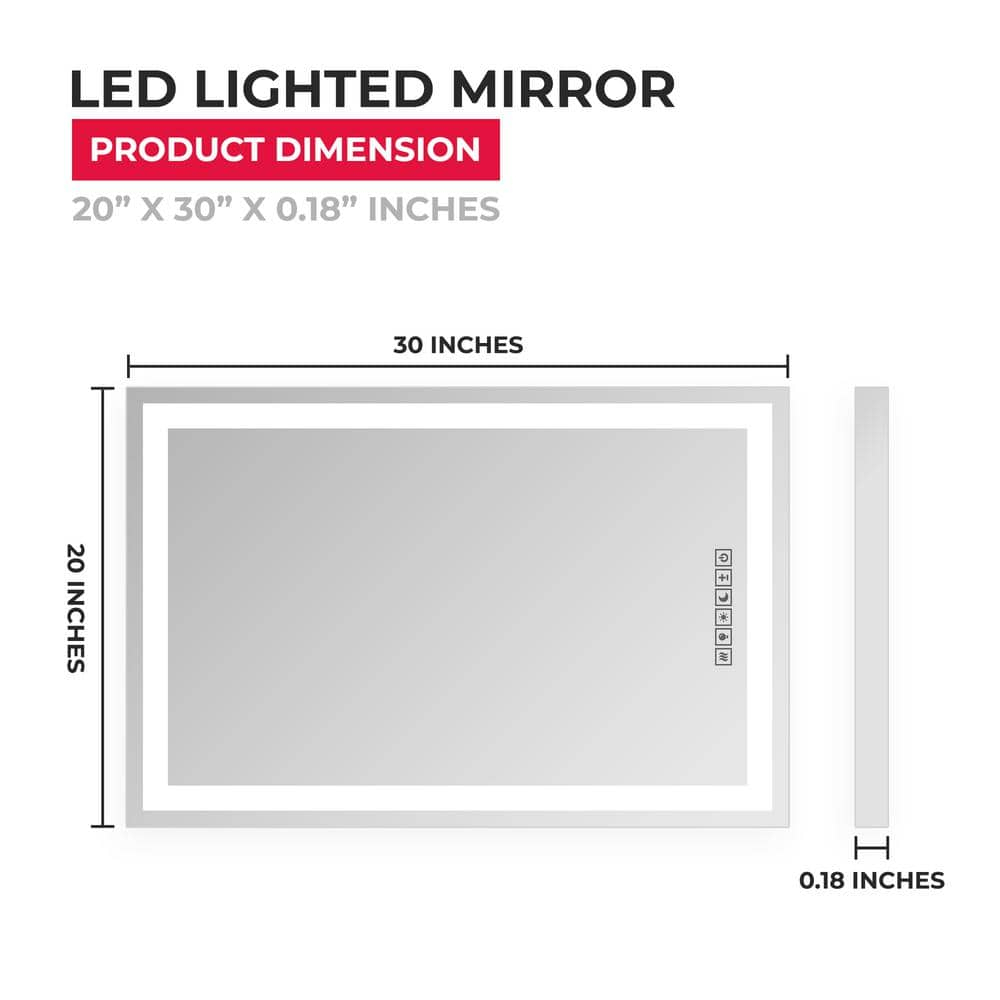 20"x30" inches LED Dimmable Bathroom Mirror Rectangle LED Lighted Wall Mounted Mirror for Vanity Room with Touch Button and Anti-Fog Function by Fab Glass and Mirror