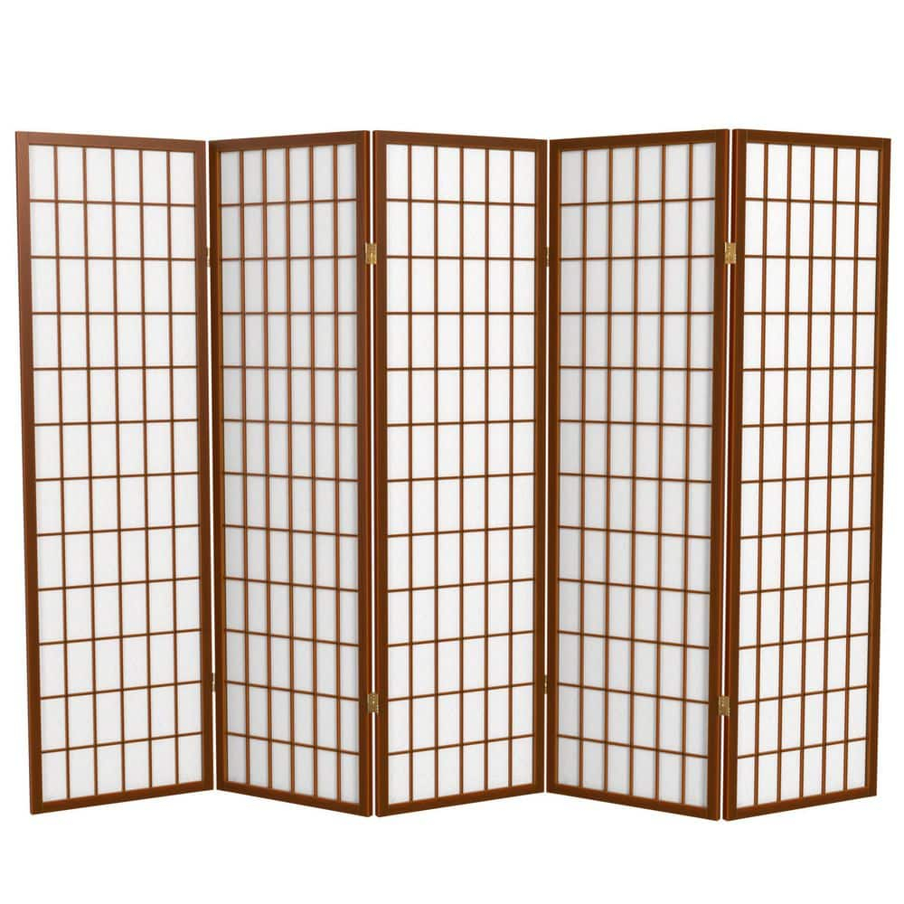 Oriental Furniture 5 ft. Tall Window Pane Shoji Screen - Walnut - 5 Panel