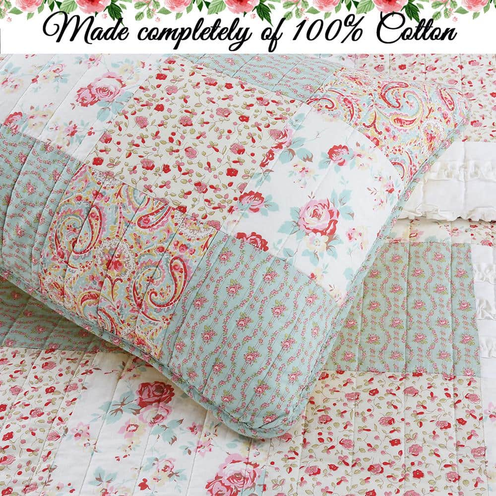 Cozy Line Home Fashions 100% Cotton Real Patchwork Floral Coral Pink Ruffled Shabby Chic Girly Reversible Quilt Bedding Set, Coverlet Bedspread (Sweet Roses, Queen - 3 Piece)