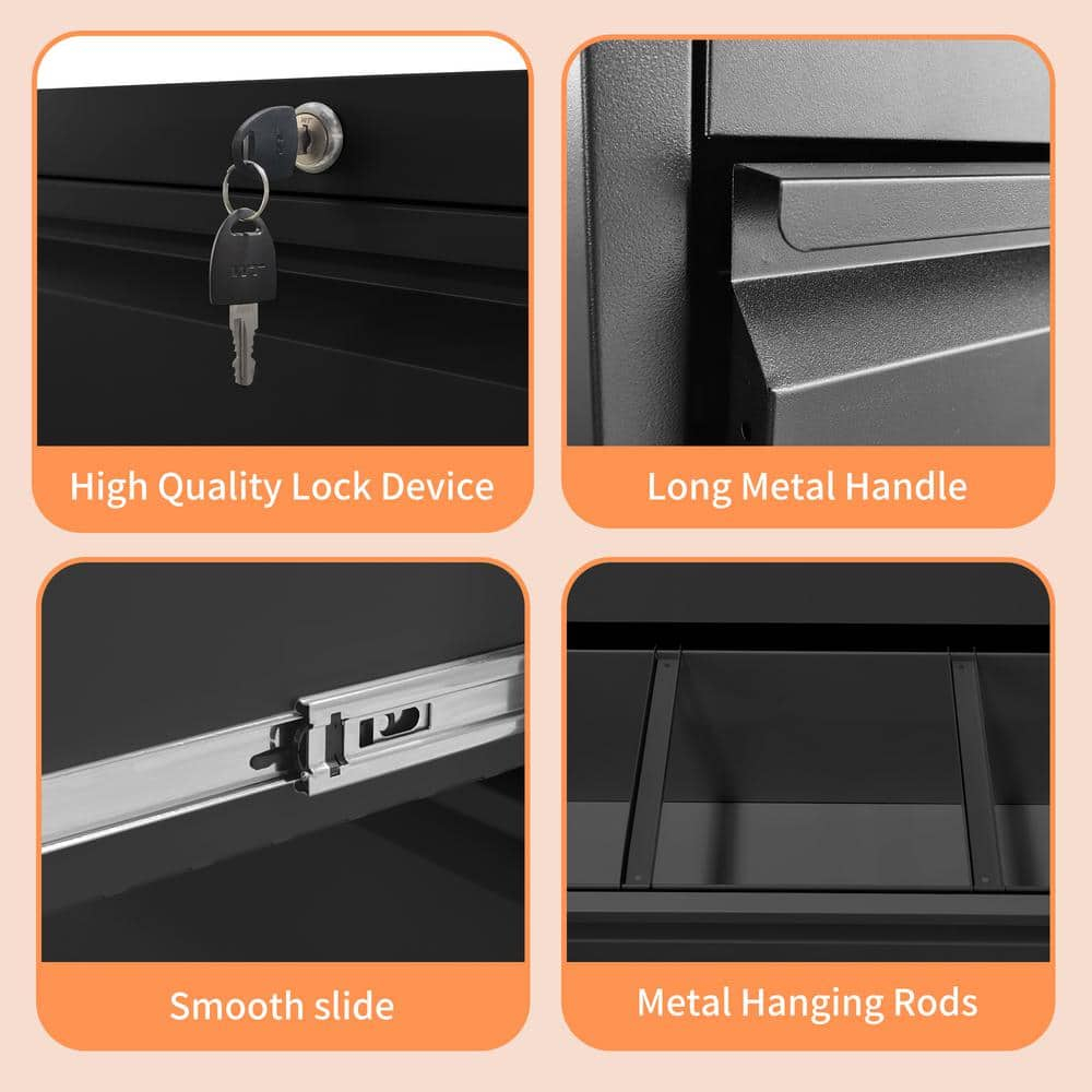 Black Metal 3-Drawer Lockable Lateral File Cabinet