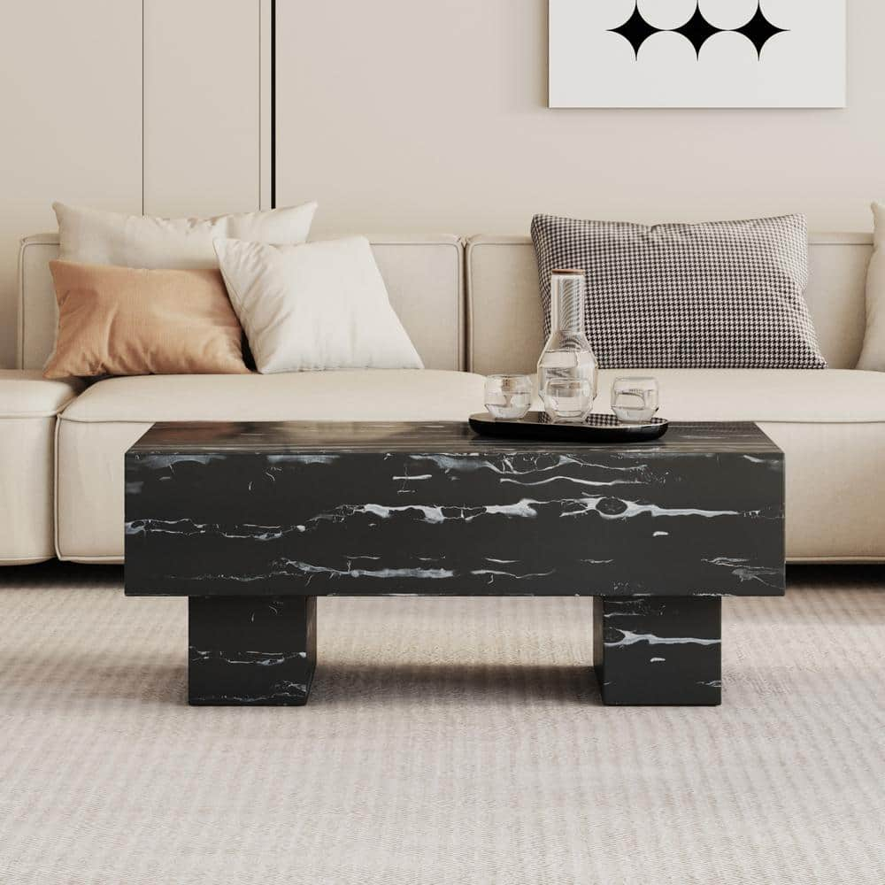 43" Marble White Cool Coffee Table for Living Room,Rectangular Contemporary Center Table for Waiting Area,Black