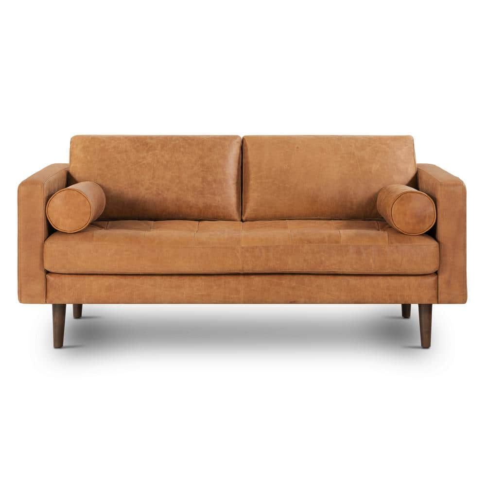 Cognac Tan Tufted Leather Lawson Sofa with Wood Legs