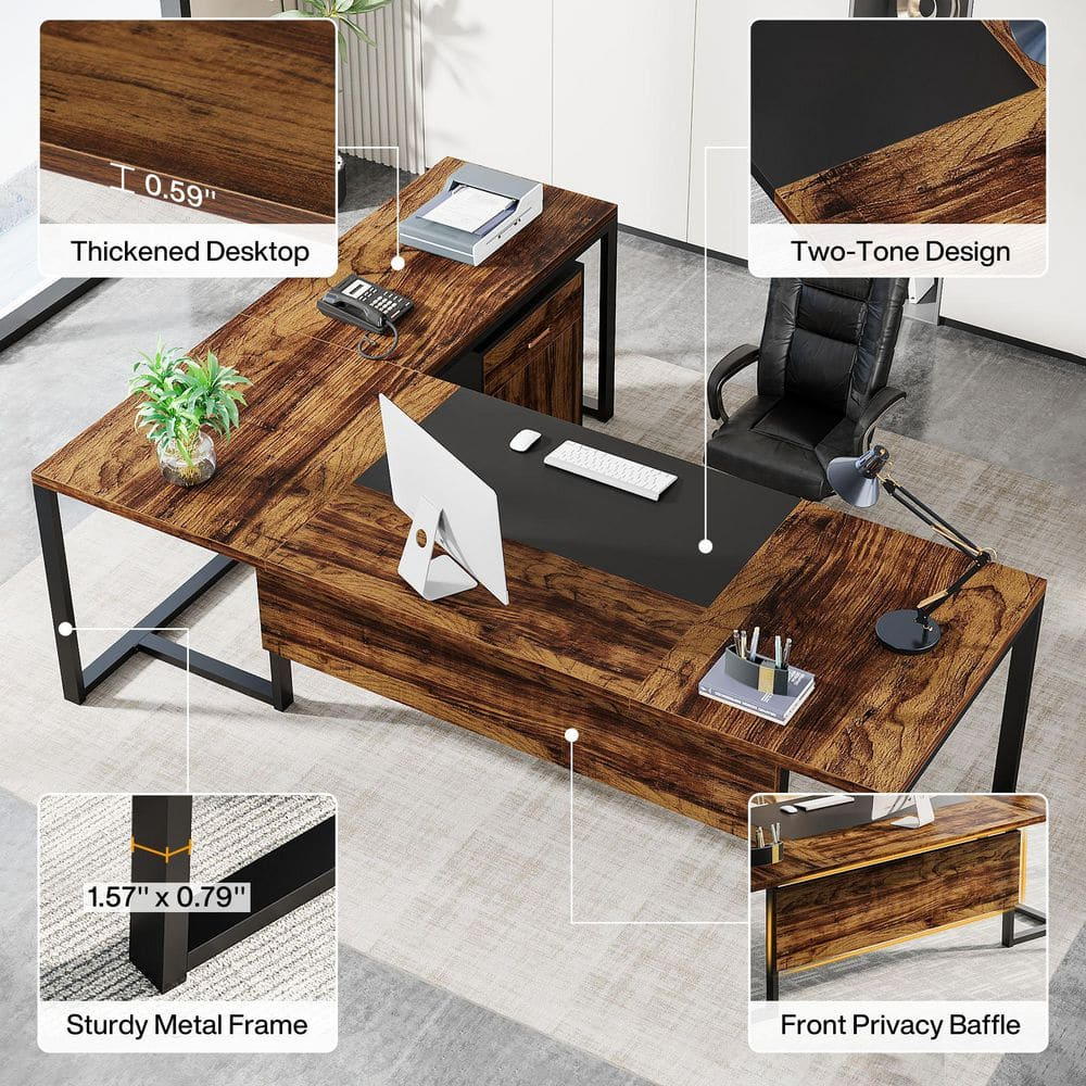 Capen 70.8 in. L Shaped Rustic Brown Wood Executive Desk with File Cabinet L Shaped Computer Desk for Home Office