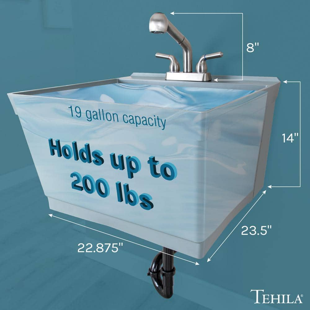 Tehila Wall Mounted Gray Utility Sink with Stainless Finish Pull-out Faucet