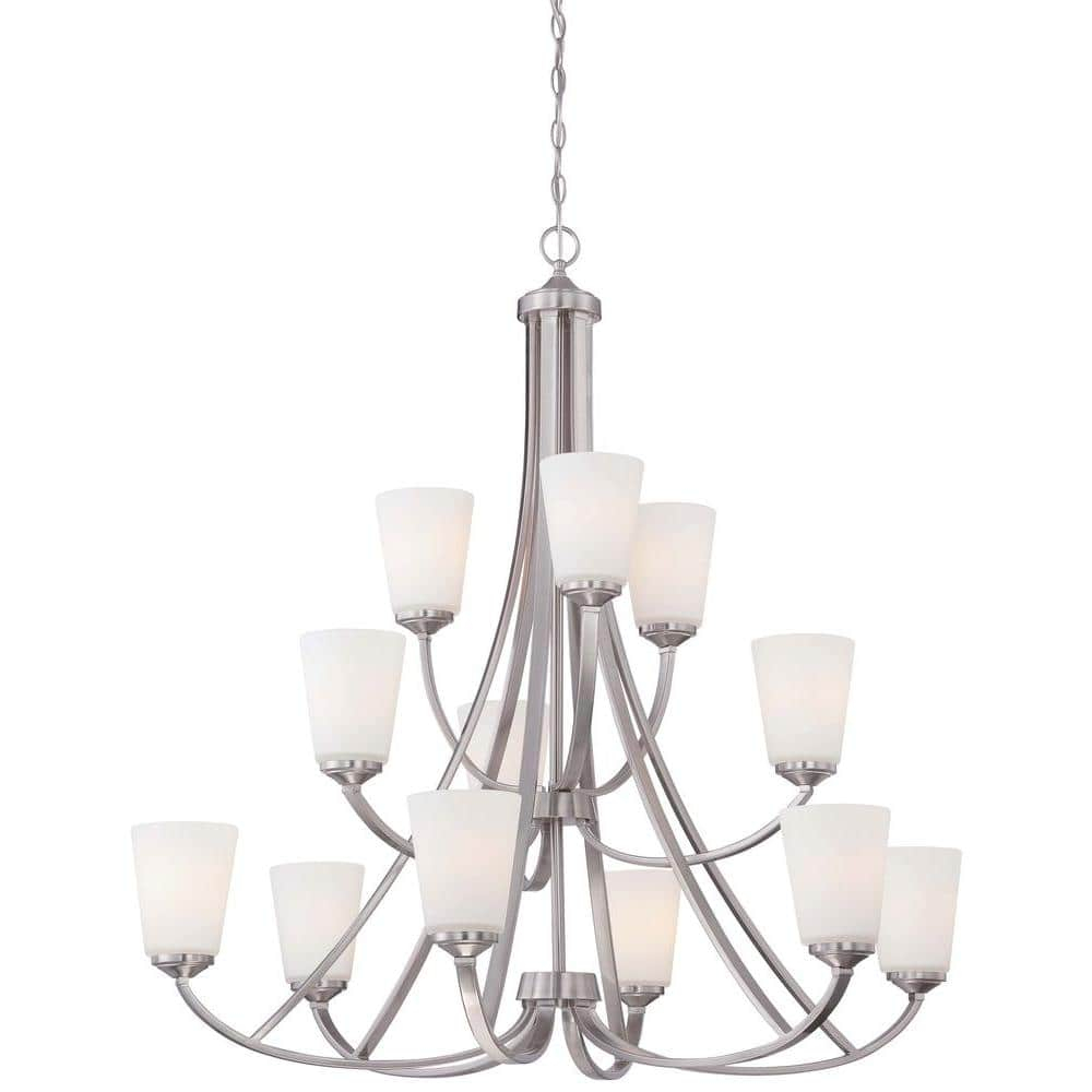 Contemporary Elegance Brushed Nickel 12-Light Chandelier with Etched White Glass
