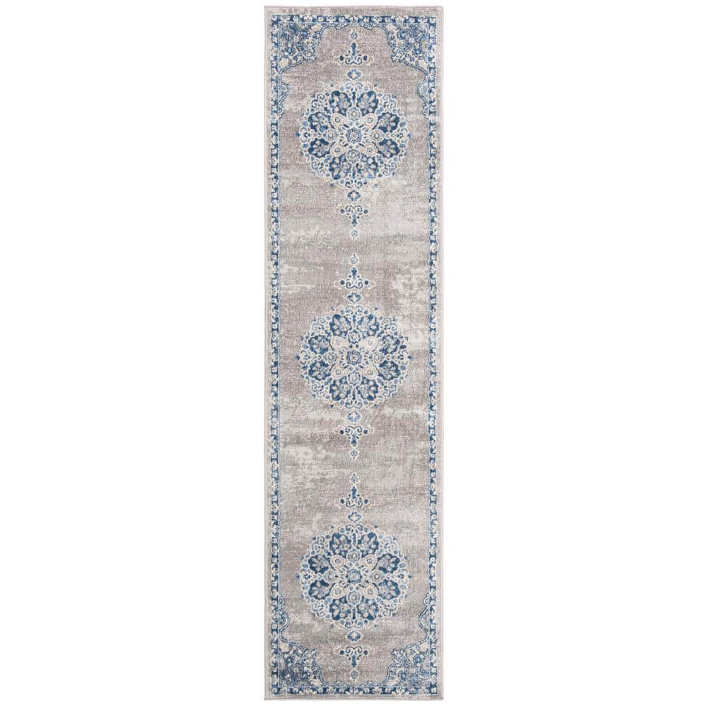 SAFAVIEH Brentwood Harland Floral Bordered Runner Rug, 2' x 6', Light Grey/Blue