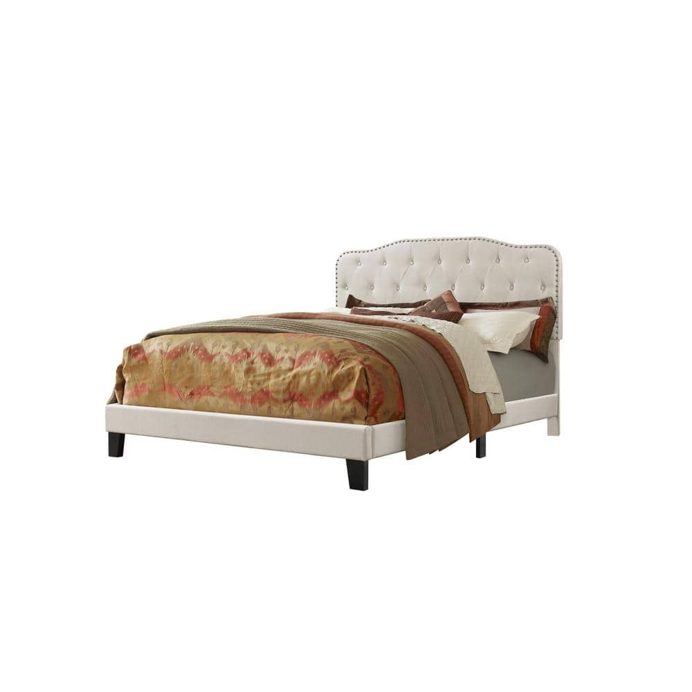 Tufted Fog-Beige Linen Fabric Headboard and Panel Bed Frame in Full