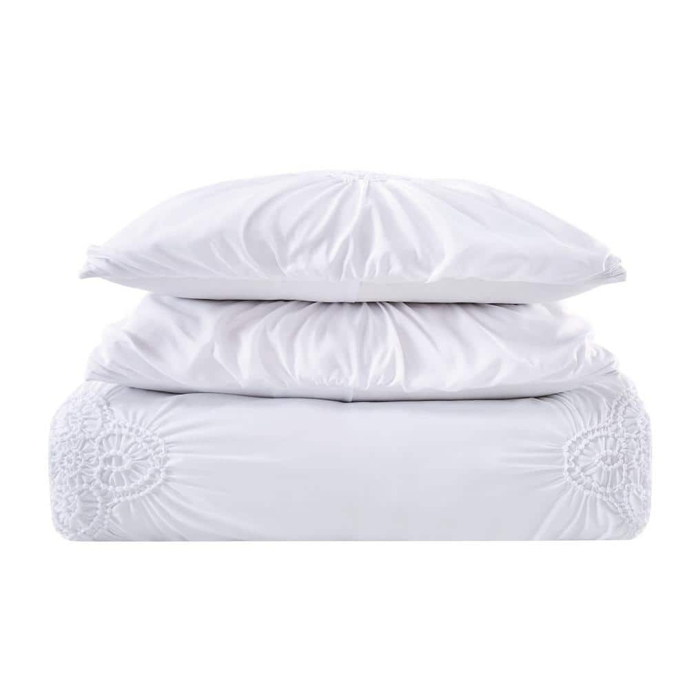 White Microfiber King Ruffled Duvet Cover Set with Shams