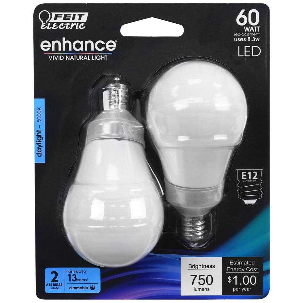Feit Enhance A15 E12 (Candelabro) Bombilla LED de Filamento Luz Diurna Equivalente a 60 Vatios, Paquete de 2