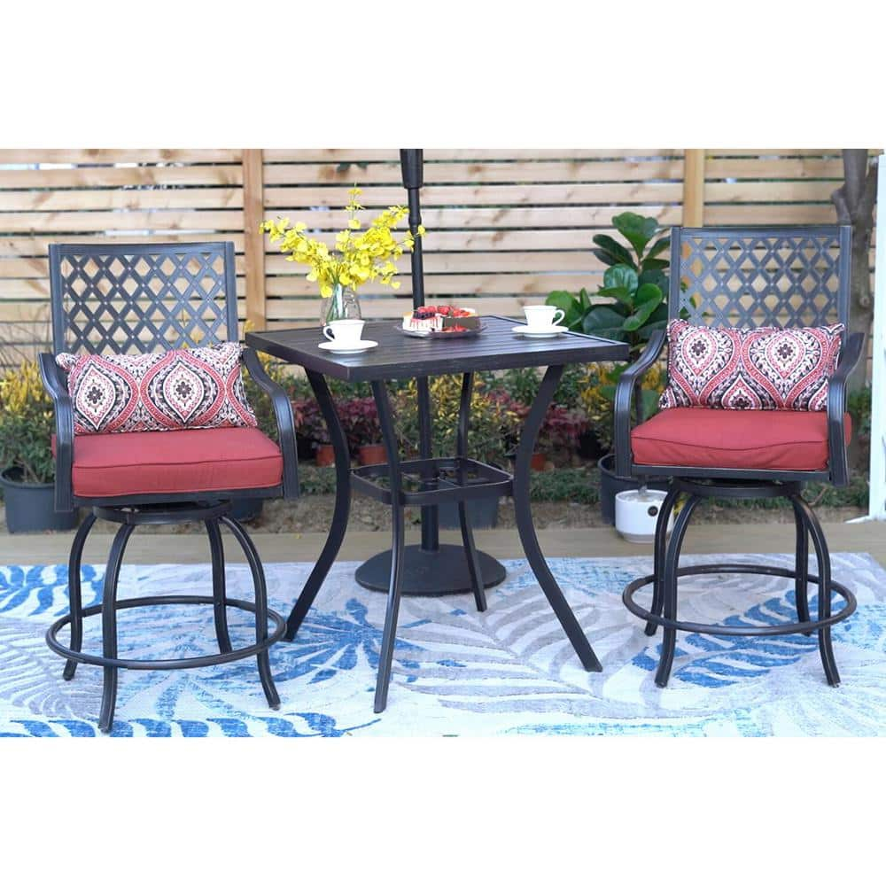 Sophia & William 3 Piece Outdoor Patio Swivel Bar Stools Set & Height Table Backyard Furniture Bistro Set, Red