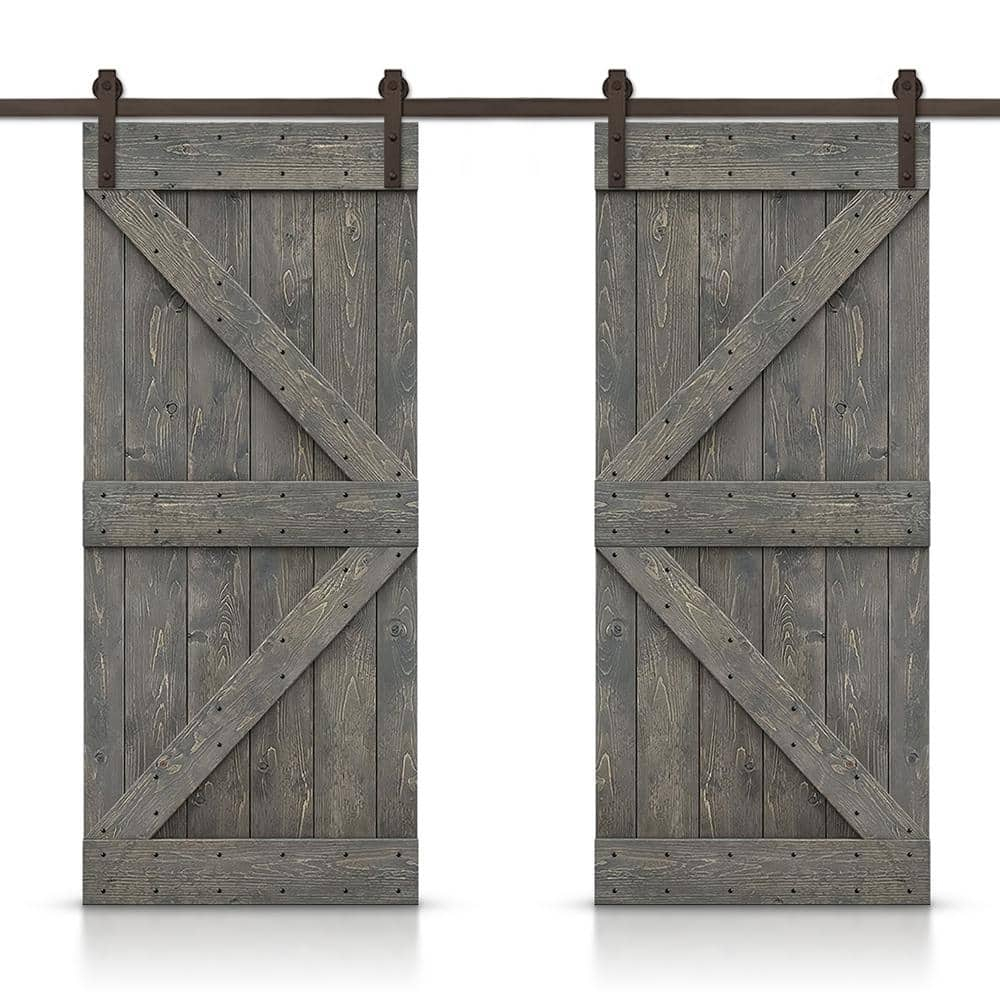 84 in Weather Gray Knotty Pine Wood Double Sliding Barn Door with Hardware Kit